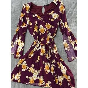 Vertiche Floral Dress Womens Small Burgundy Yellow Long Sleeve Wrap Tie Boho